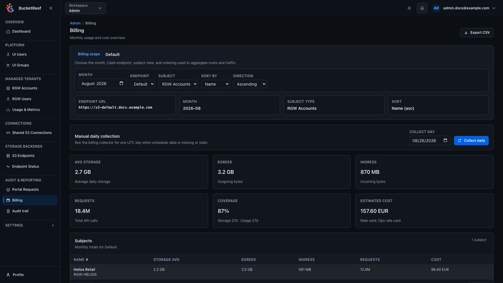 Admin Billing page with scope controls, manual collection, monthly summary, and subject totals