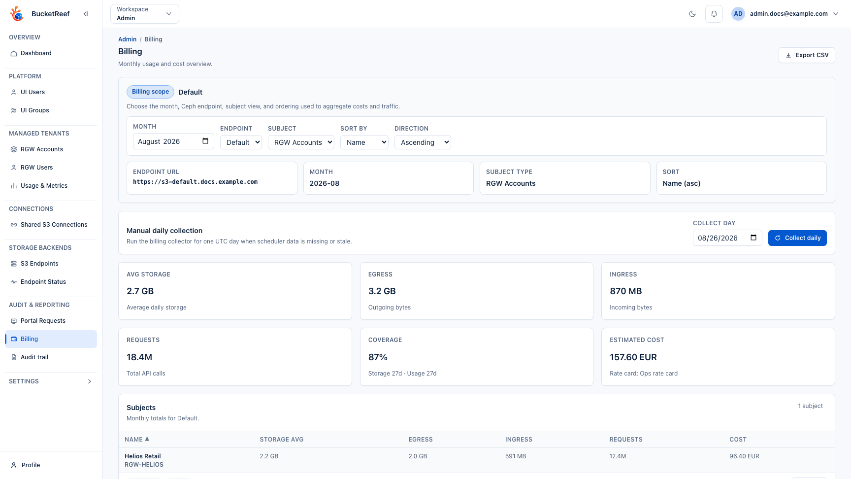 Admin Billing page with scope controls, manual collection, monthly summary, and subject totals