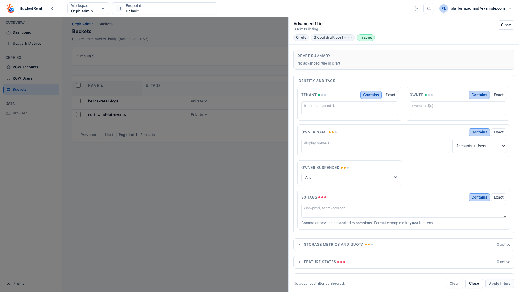Ceph Admin buckets page with advanced filter drawer open