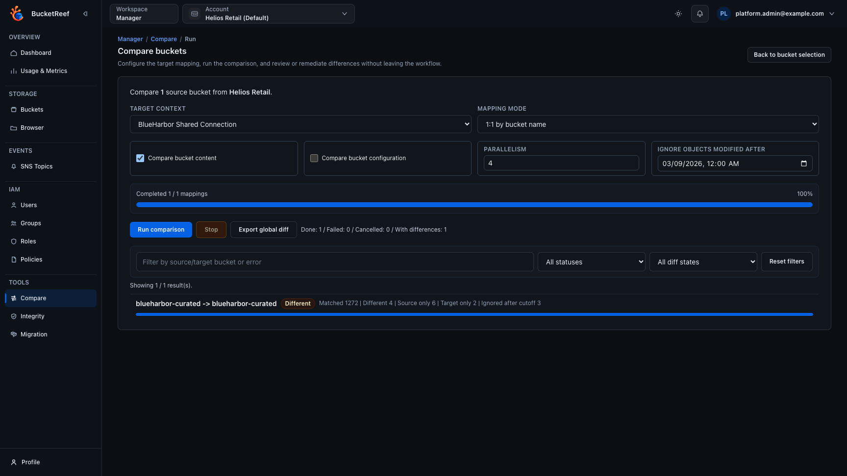 Manager bucket compare result with differences and remediation actions