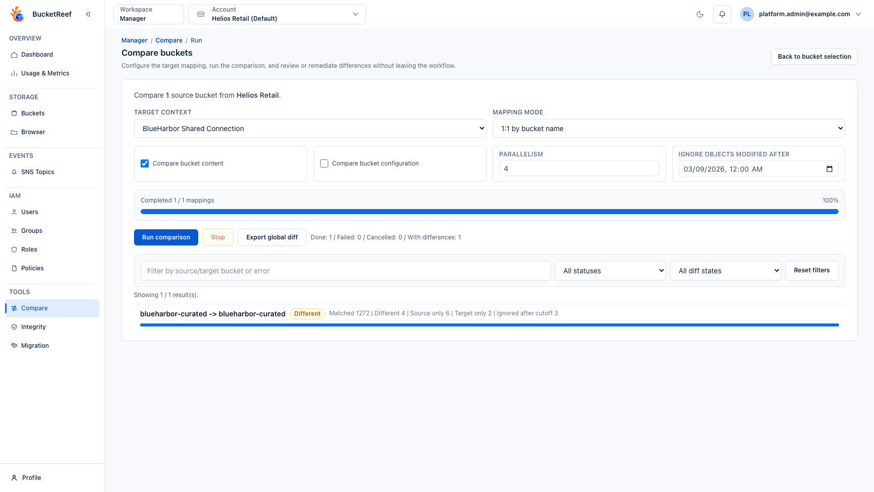 Manager bucket compare result with differences and remediation actions