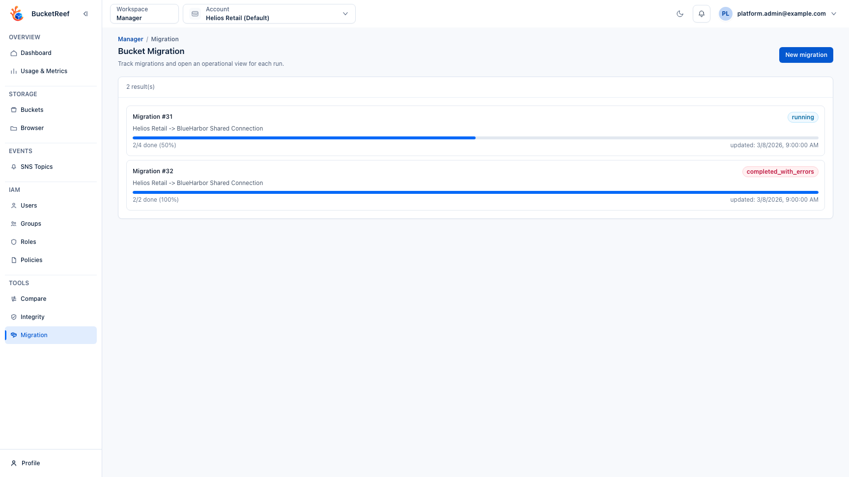 Bucket migration page with status filters and runs
