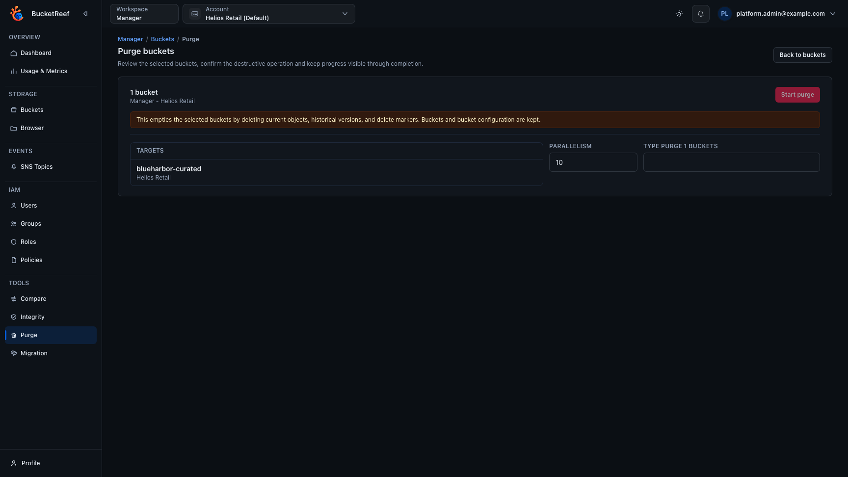 Bucket purge confirmation modal showing selected targets, parallelism, and the required confirmation phrase