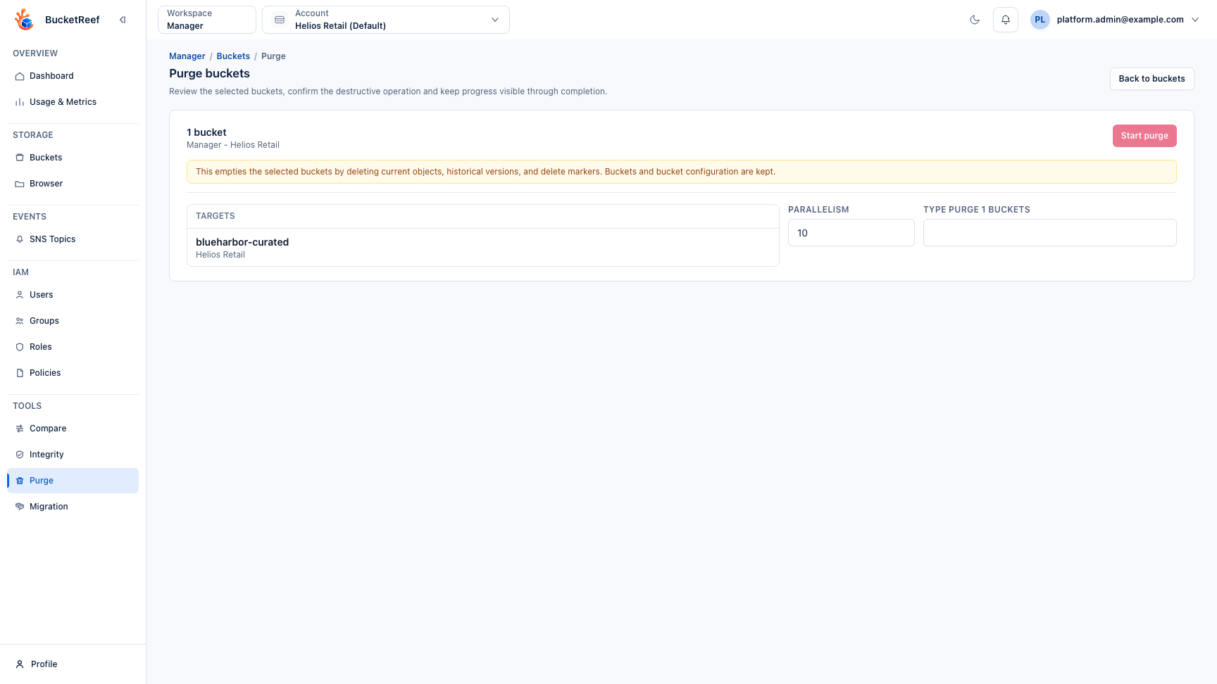 Bucket purge confirmation modal showing selected targets, parallelism, and the required confirmation phrase