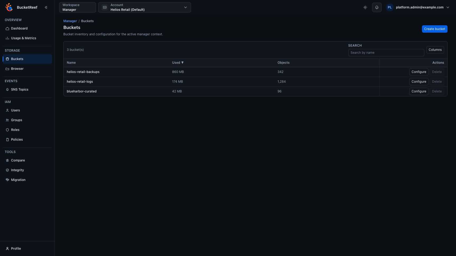 Buckets feature page with creation and table controls