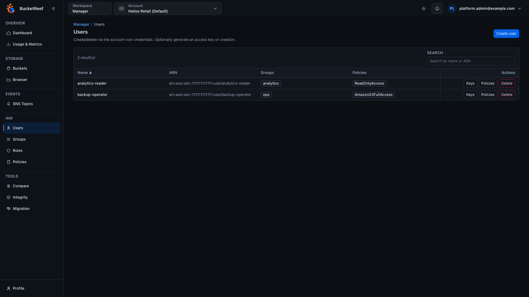 IAM users feature page with principal list