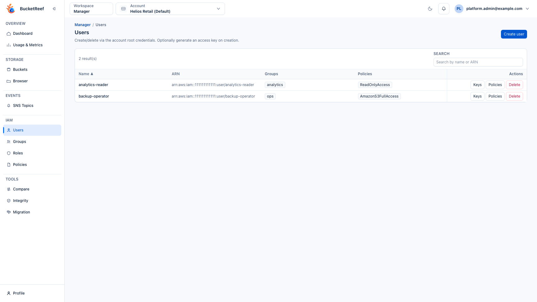 IAM users feature page with principal list