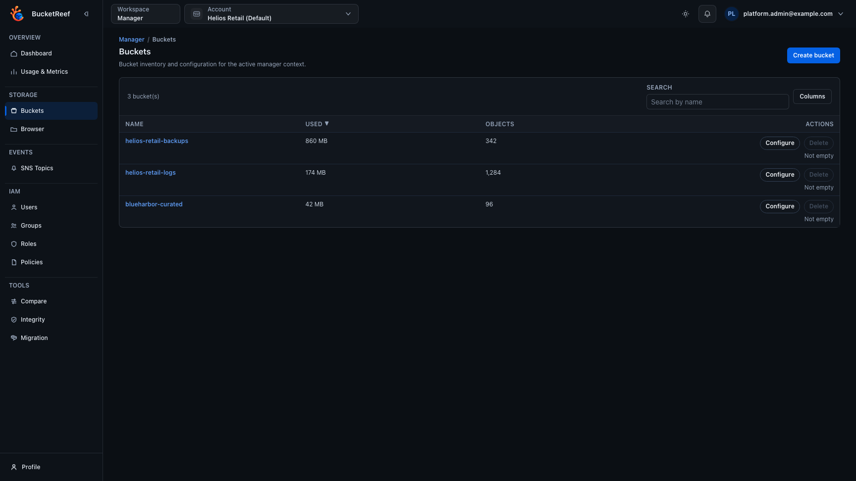 Manager bucket list with configure action