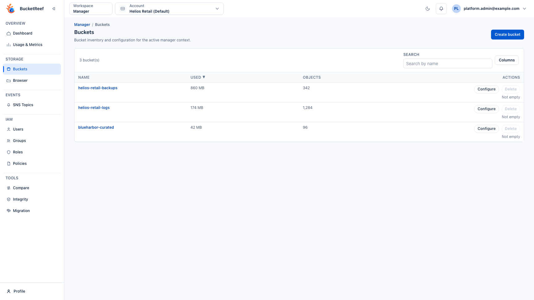 Manager bucket list with configure action