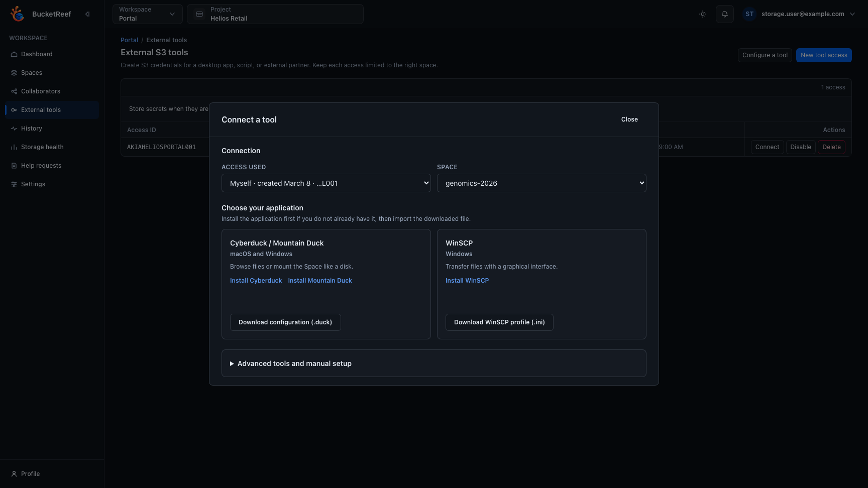 Connect a tool dialog with human-readable access, Space selection, Cyberduck and WinSCP configuration cards