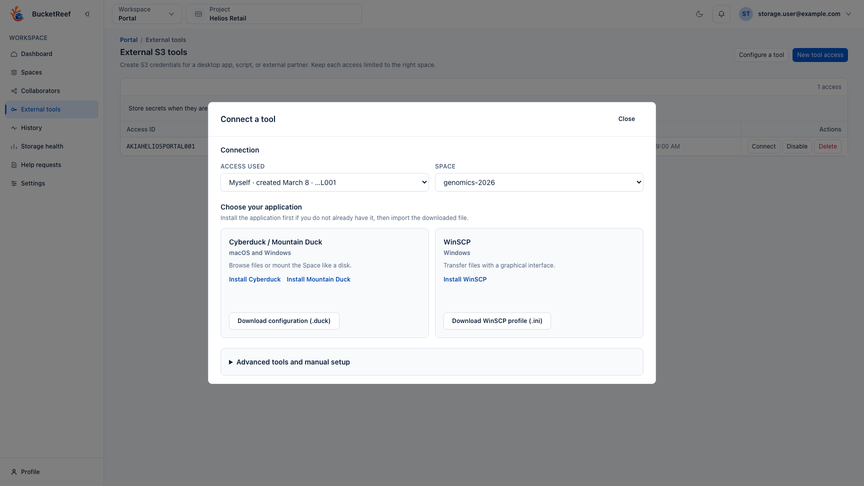 Connect a tool dialog with human-readable access, Space selection, Cyberduck and WinSCP configuration cards