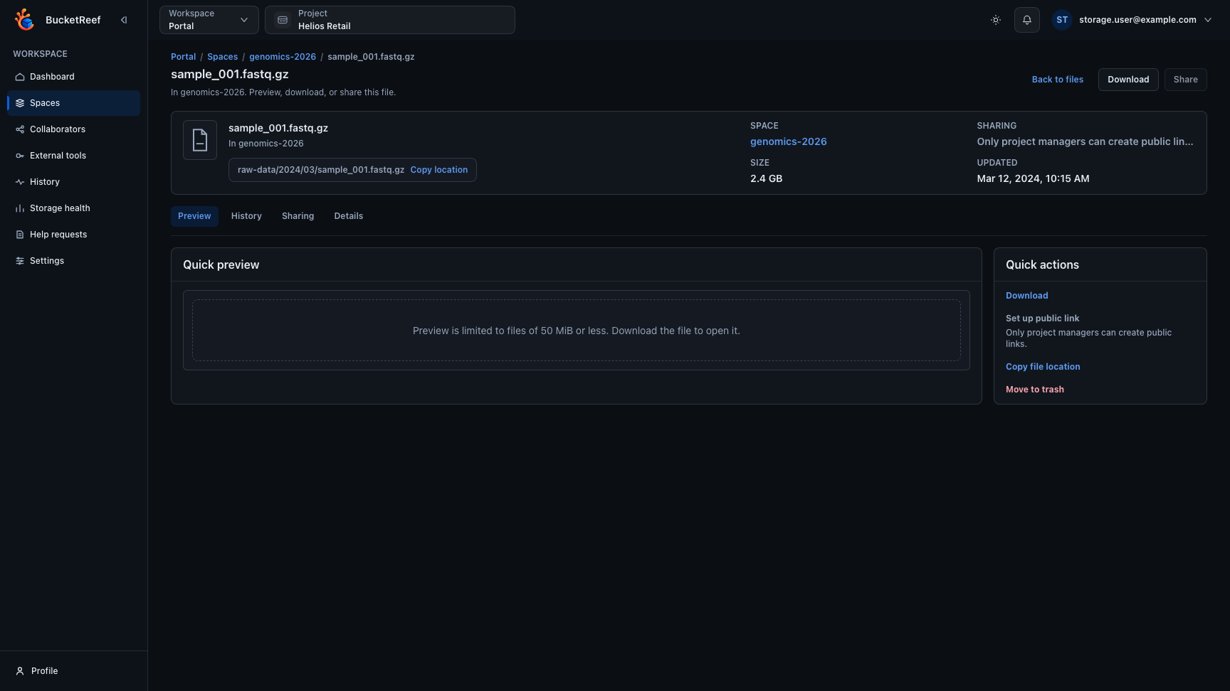 Portal object detail page with file path, general information, quick actions, and unavailable preview and event states