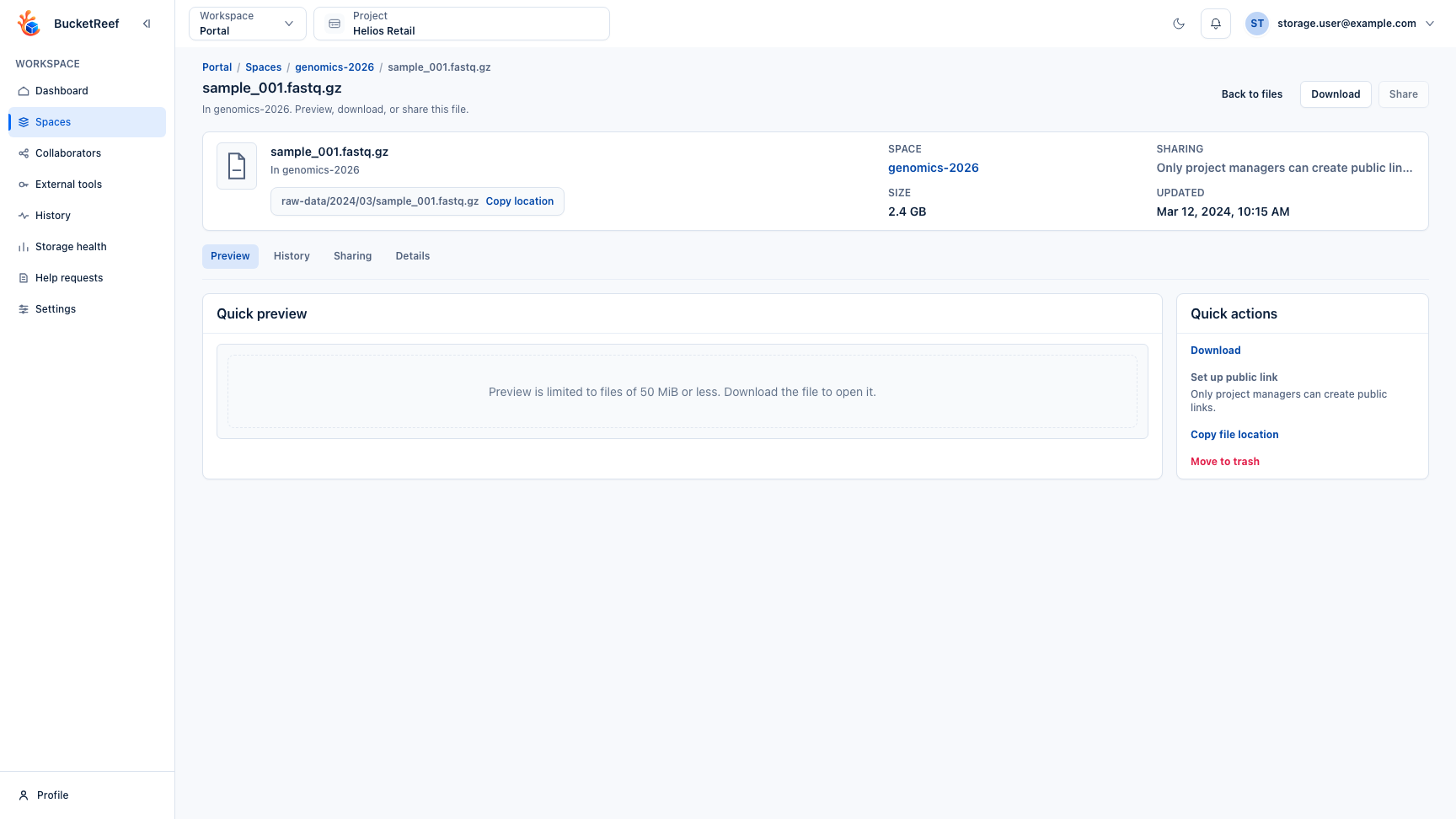 Portal object detail page with file path, general information, quick actions, and unavailable preview and event states