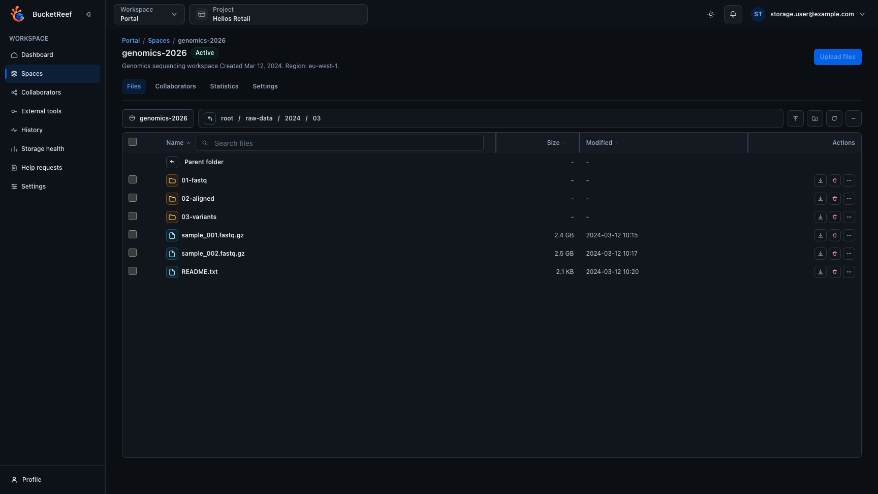 Portal object list for a space with breadcrumbs, metrics, search, upload, and folder navigation