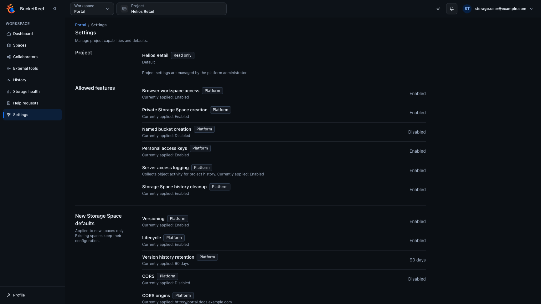 Portal Settings page with project context and effective settings