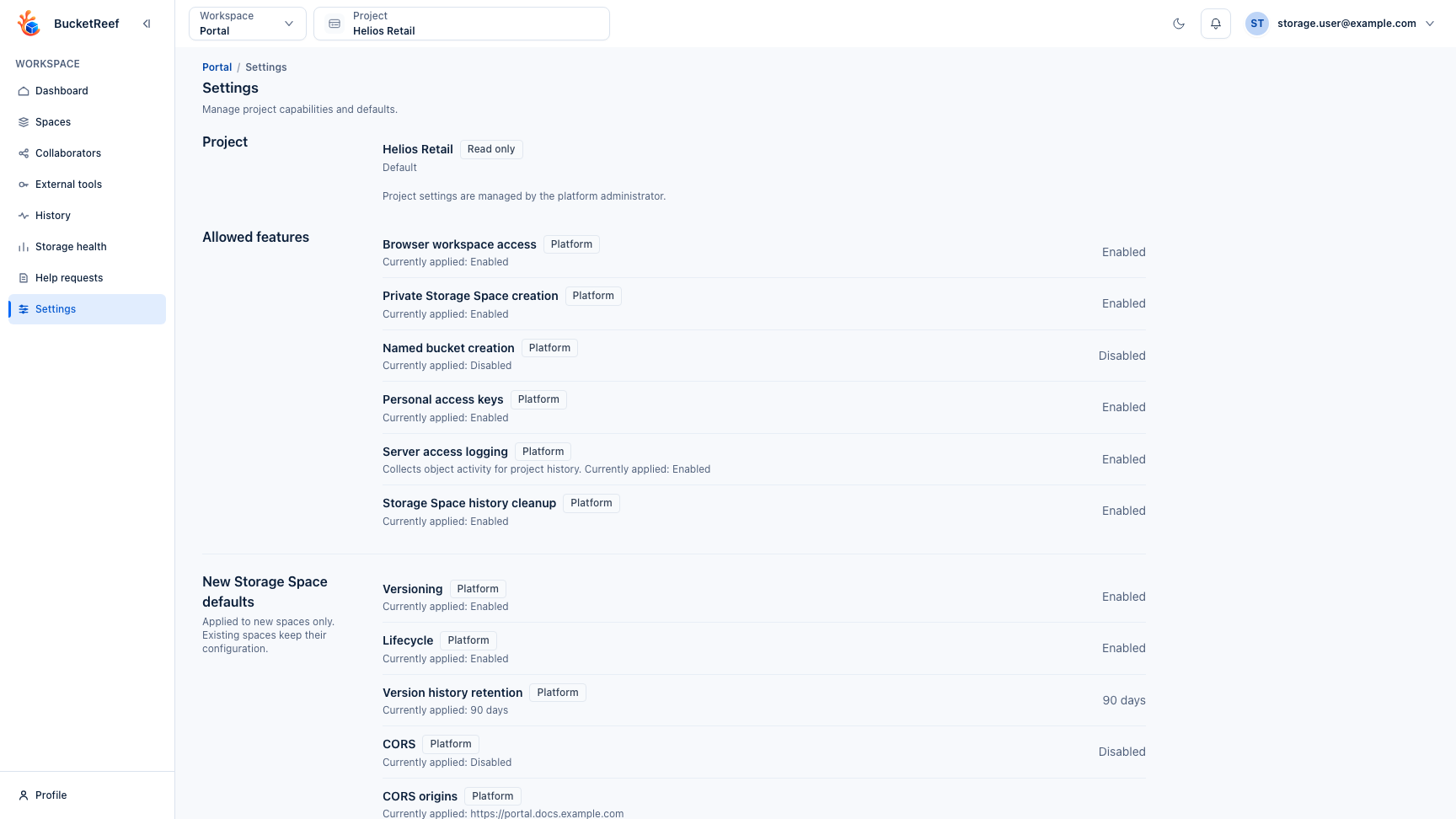 Portal Settings page with project context and effective settings