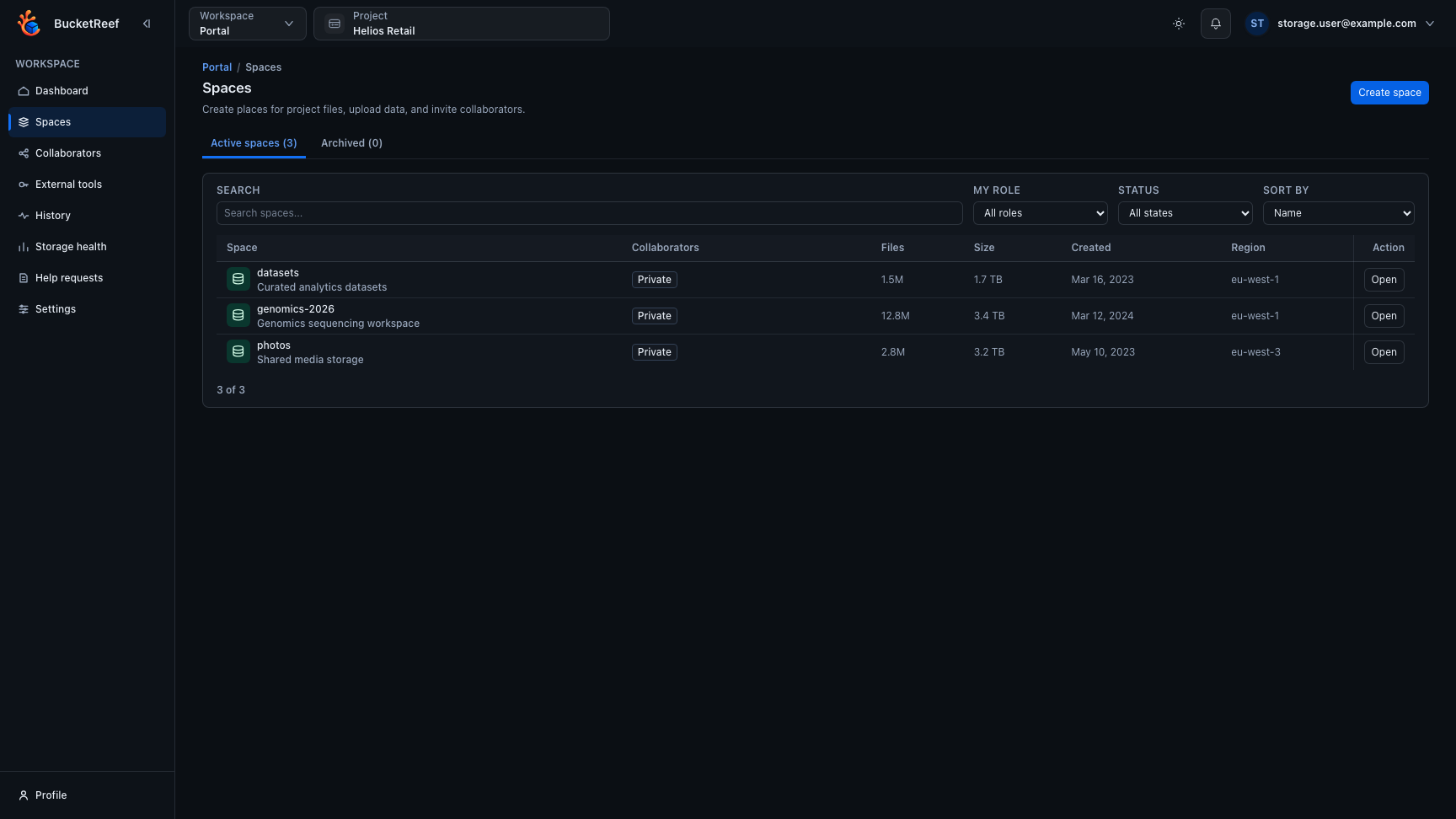 Portal Spaces list with collaborator task shortcuts and space rows