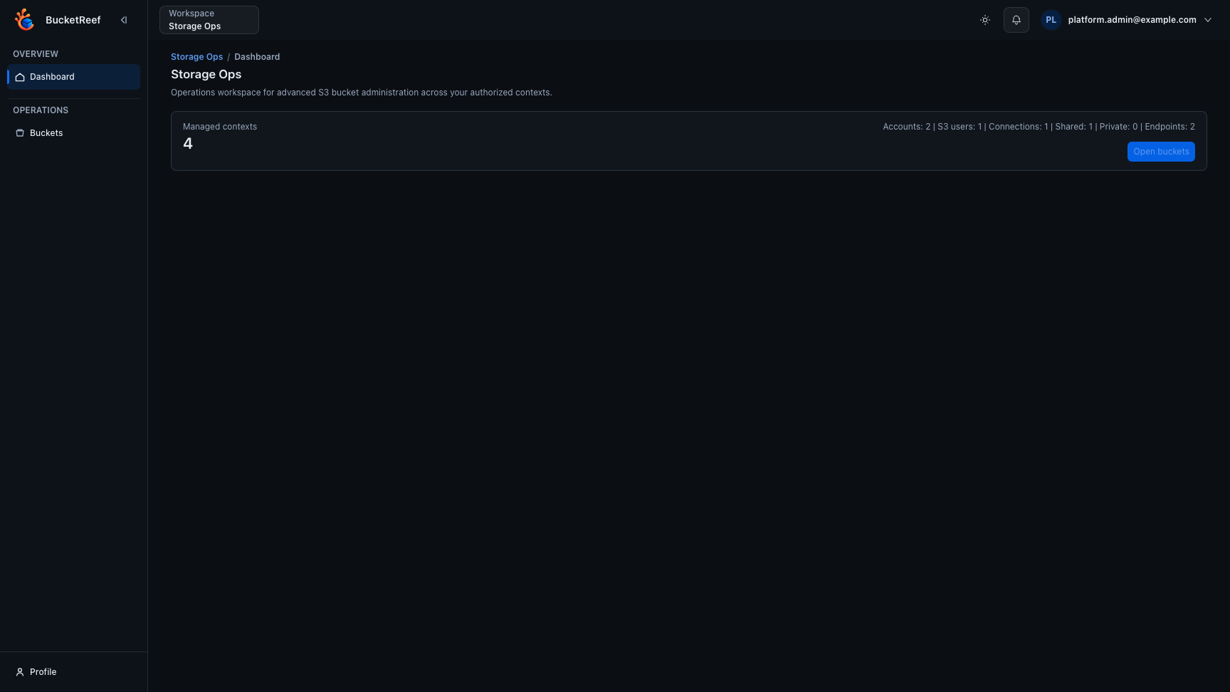 Storage Ops dashboard with cross-context operations entry point