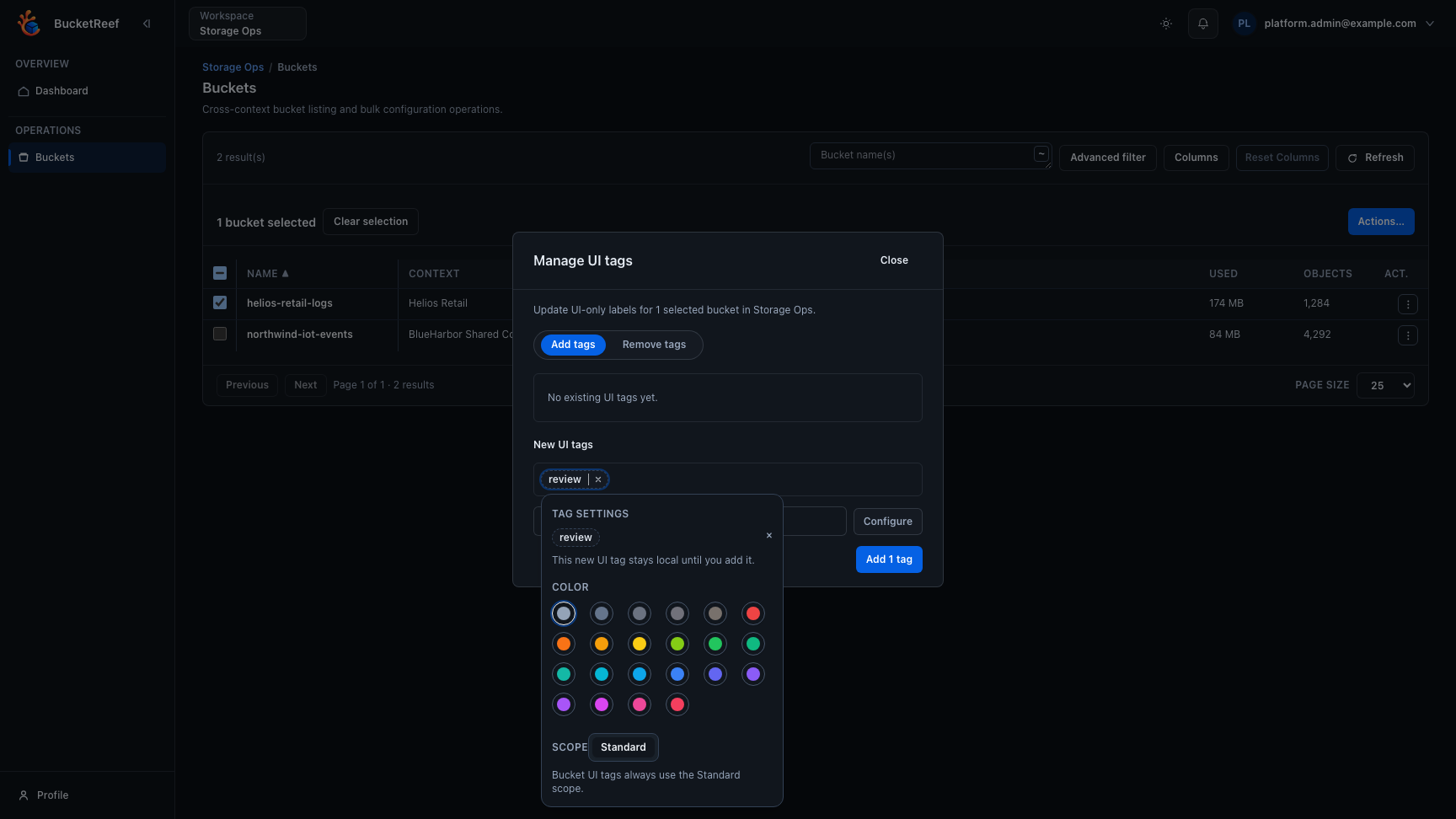 Storage Ops bucket list with UI tags workflow on selected buckets