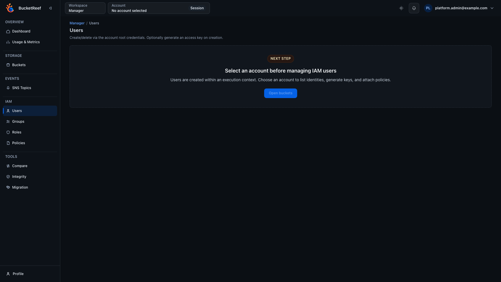 Troubleshooting example when no account context is selected
