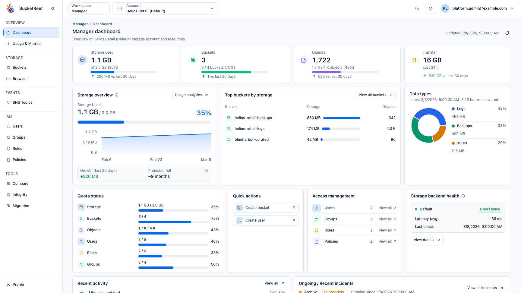 Manager workspace navigation for storage administration