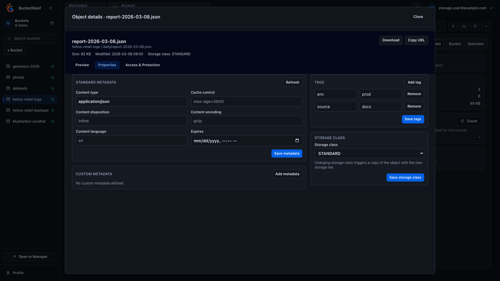 Browser workspace with folders visible for a daily object workflow