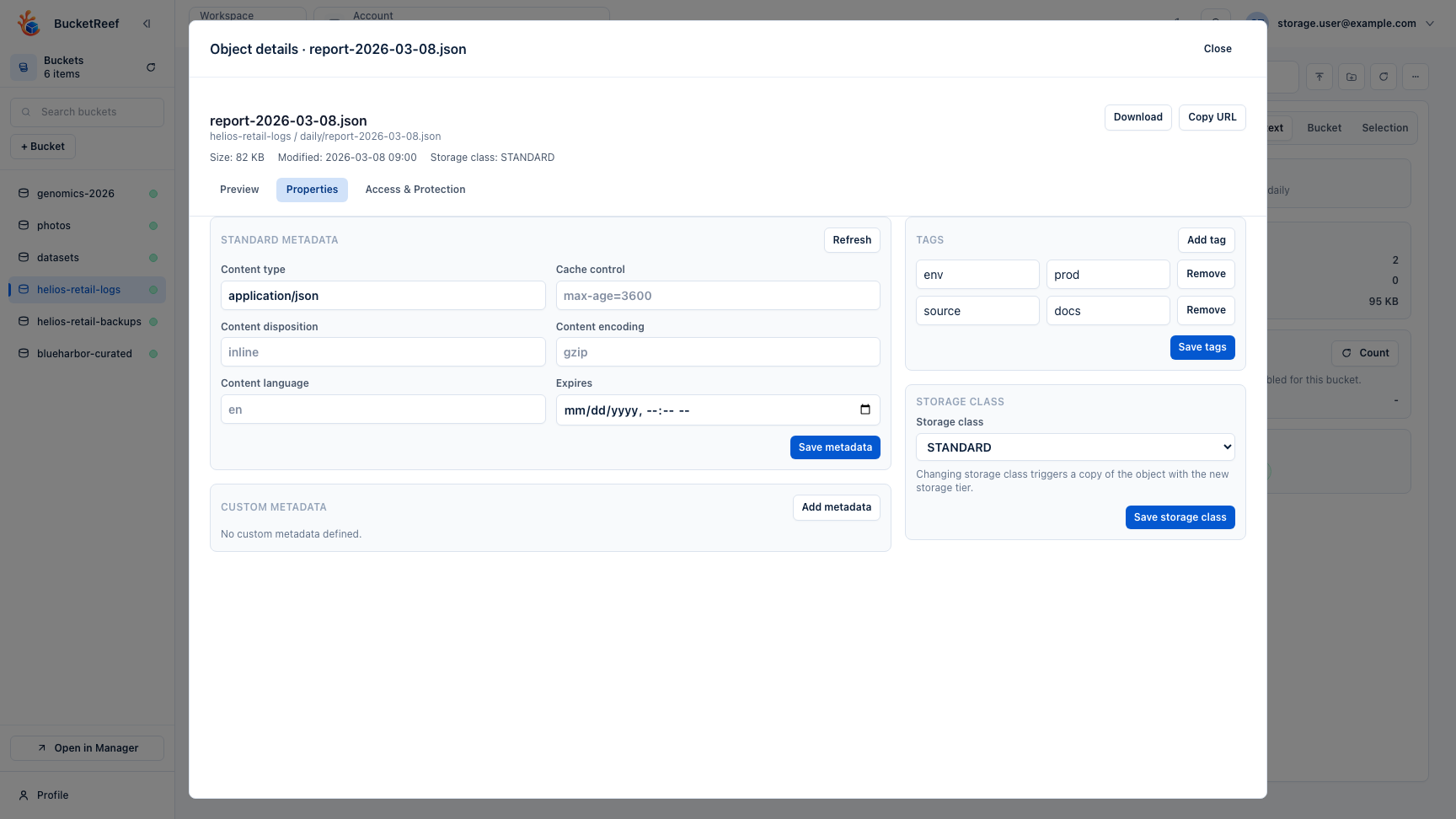 Browser workspace with folders visible for a daily object workflow