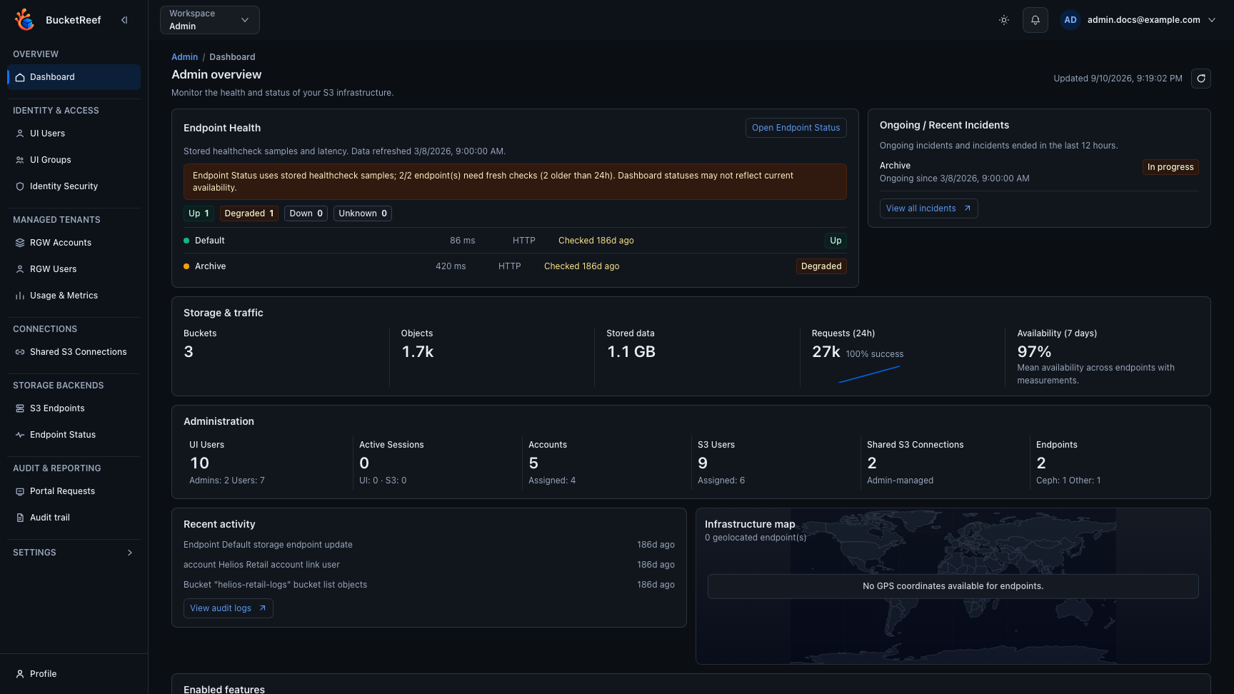 Admin workspace with the control-plane Audit entry available